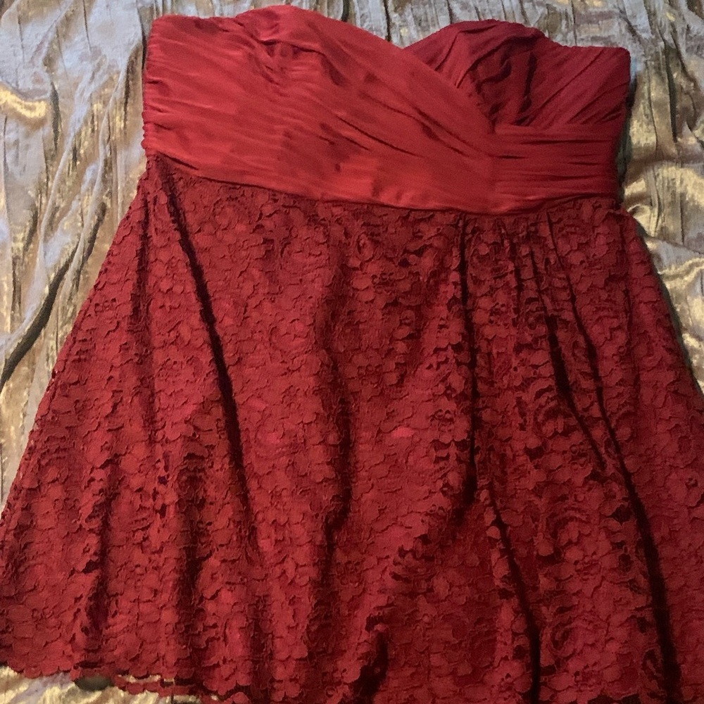 Red lace strapless dress